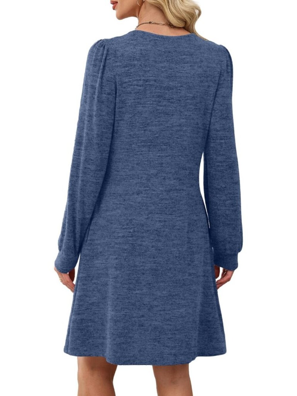 Women's Dark Blue Pleated Crew Neck Pockets Fall Baby Doll Sweater Mini Dress - Picture 5 of 5